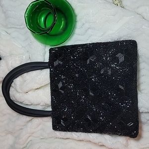 Magid Black Beaded mini purse with hoop handle, 6.5" x 6.75"